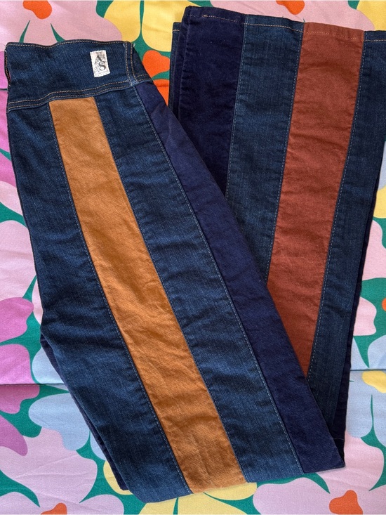Altar'd State Denim - Altar'd State Women's Flared Jeans with Navy, Brown and Tan Panels